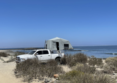A white pickup truck with a rooftop tent parked near a sandy beach. The ocean is in the background under a clear blue sky, and dry shrubs surround the area.