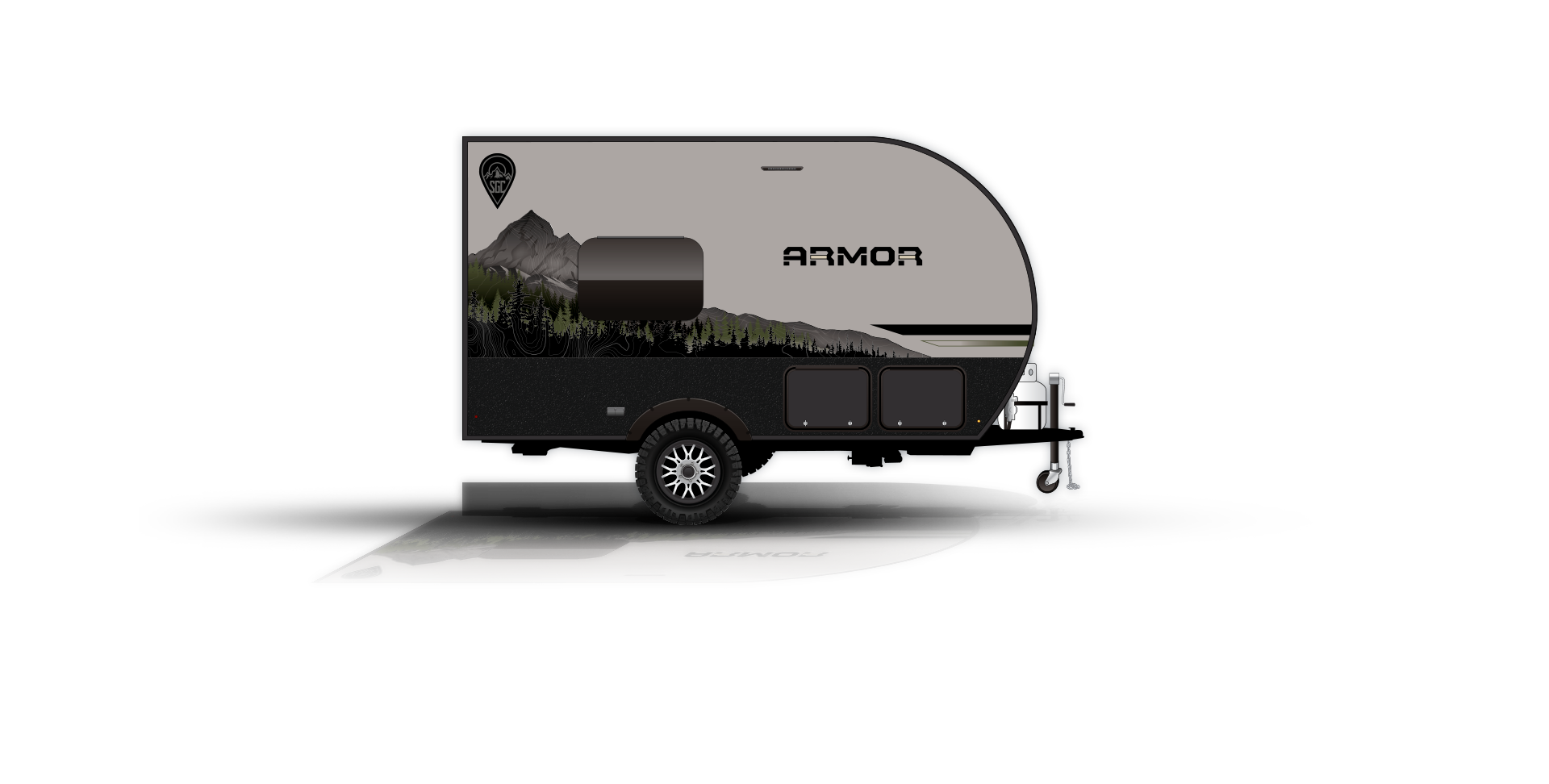 A side view of a compact camping trailer with a sleek black and gray design. The trailer features mountain graphics, a single wheel, and the word "ARMOR" on its side. It includes a hitch for towing.
