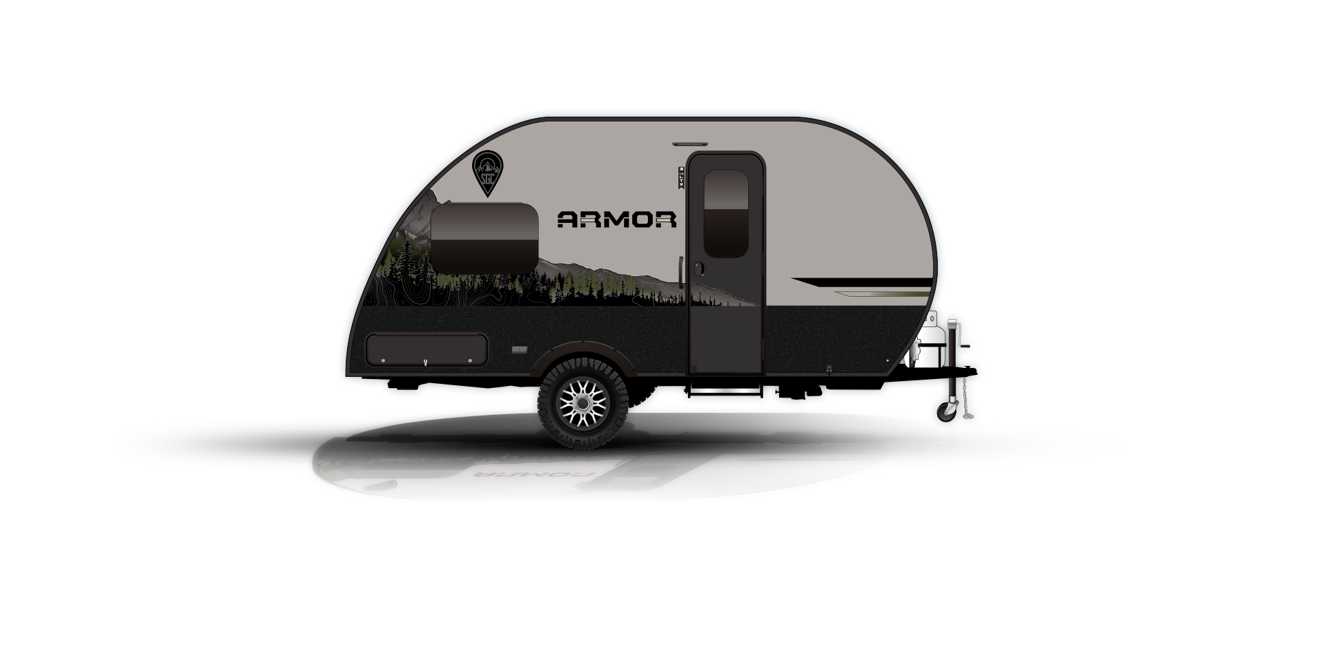 A sleek, modern camper trailer with a gray and black color scheme. It has a prominent wheel and a streamlined shape, featuring the word "Armor" on its side, and an illustration of a forested landscape.