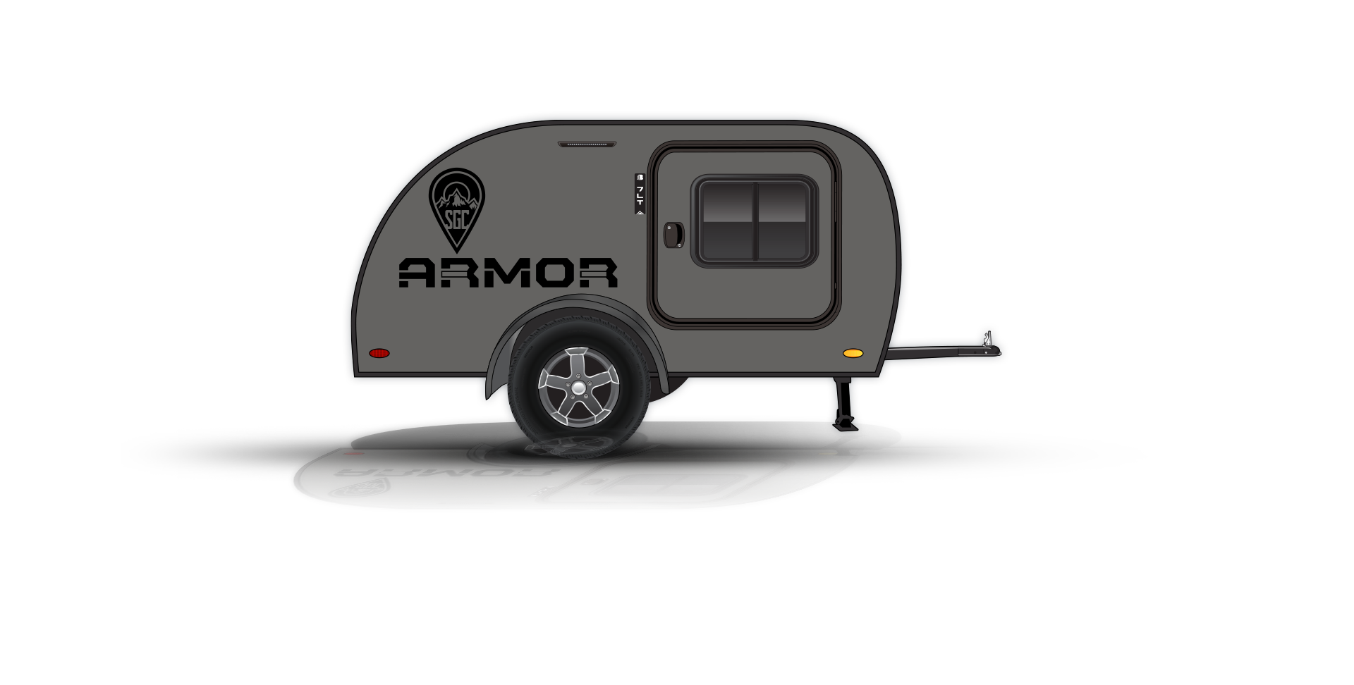 Illustration of a small, gray teardrop trailer with a single axle and the word "ARMOR" on the side. It features a window and a logo above the text. The trailer casts a shadow and its reflection is visible below.